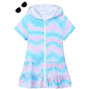 LUCKYGAL Girls Swim Cover Up Kids Swimsuit Coverup Terry Zip-Up Beach Bathing Suit Wraps with Sunglasses (4-5T, Mermaid)