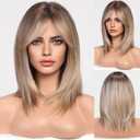HAIRCUBE Ombre Ash Blonde Wigs for Woemn Light Blonde Straight Wig with Curtain Bangs Shoulder Length Natural Synthetic Wig for Daily Use