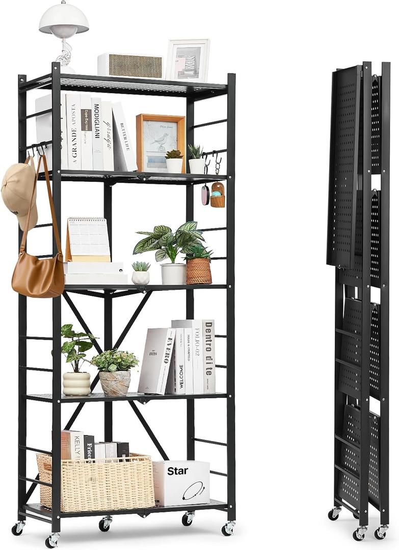 VEVOR 5-Tier Foldable Storage Shelf, 28W x 13D x 66H Inch Folding Metal Rack Shelving Unit, No Assembly Organizer Shelf with 5 Wheels & 4 Hooks for Pantry, Kitchen, Garage, Basement, Black