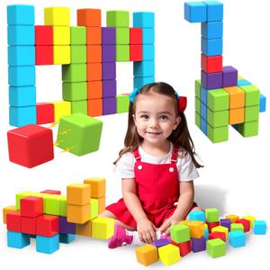Magnetic Building Blocks, 1.65 inch Large Magnetic Stacking Cubes for Toddlers, Sensory & Montessori Toys for Boys & Girls 1 2 3 Years Old (24 PCS) (Multicolor - 24 Pieces)