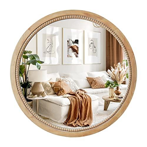 sawsile Round Wood Mirror,28 inch Circle Rustic Farmhouse Natural Wooden Frame Boho Beads Wall Mirror for Bathroom,Living Room,Bedroom or Entryway