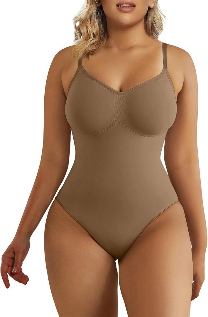 SHAPERX Women's Shapewear Bodysuit Tummy Control Body Shaper Seamless Sculpting Snatched Waist Body Suit (Brown Thong,
L/ XL

)