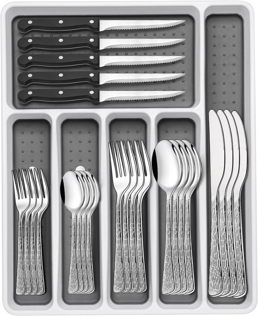 49-Piece Silverware Set with Organizer, Food-Grade Stainless Steel Flatware for 8, Cutlery Utensil Sets with Steak Knives, Rust-proof, Mirror Polished, Dishwasher Safe, Silver Tree Pattern