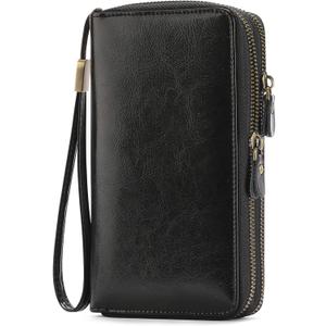 SENDEFN Leather Women Wallet RFID Blocking Zipper Around Phone Holder Clutch Wristlet Large Capacity (Elegant Black)