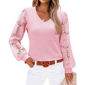 siliteelon Womens Blouses Long Sleeve Shirts V Neck Floral Lace Tops Elegant Business Casual Outfits Pink Large