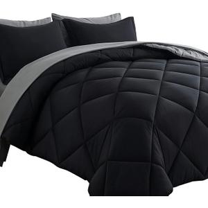 Cosybay Bed in a Bag Queen Reversible Comforter Sets 7pcs All Season Down Alternative Bedding Sets Black and Grey with Comforter, Pillow Shams, Flat Sheet, Fitted Sheet and Pillowcase