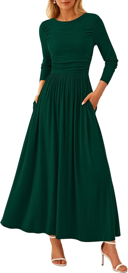 PRETTYGARDEN Women's 2025 Fashion Trendy Fall Long Sleeve Dresses Ruched Flowy Elegant Modest Boho Casual Beach Maxi Dress (Green, XS)