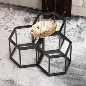 Coffee Table Glass Modern Coffee Table, Hexagon Free Combination Glass Center Table Small End Tables with Metal Frame for Living Room Set of 3 (Black)