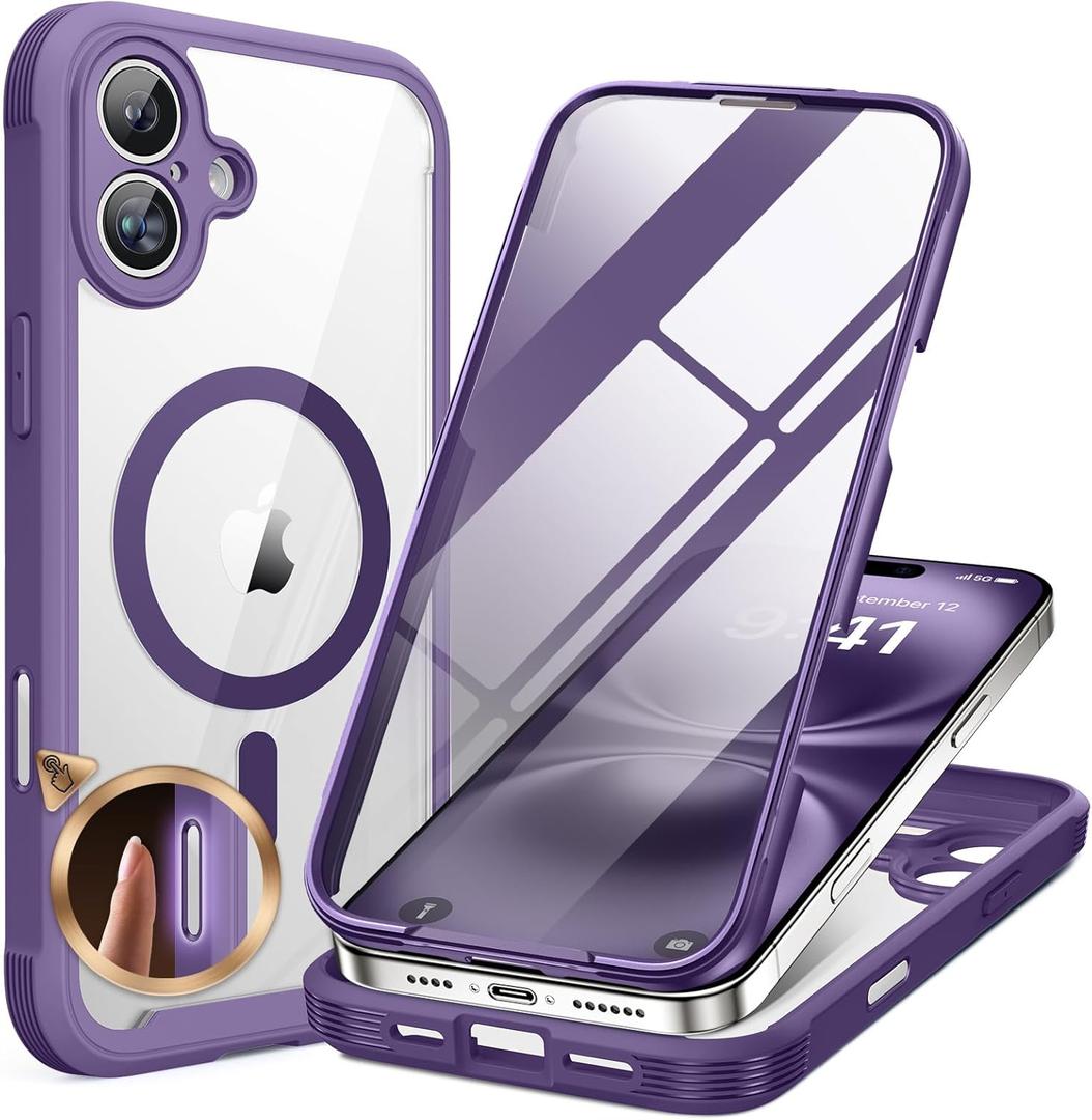 Miracase for iPhone 16 Case 6.1'', [Bubble Free] Full-Body Bumper Phone case with Built-in Full Glass Screen &Lens Protector,No Gap,Compatible with MagSafe,Drop Proof 16 Cover,Purple