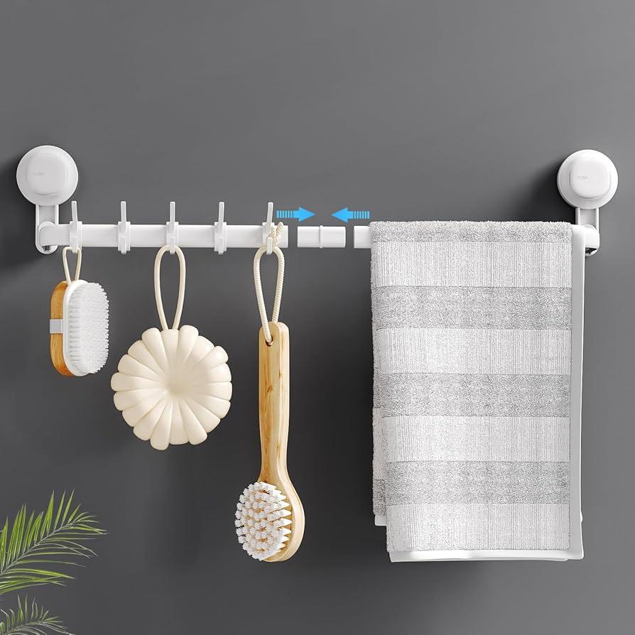LUXEAR Suction Cup Towel Bar, 24 inches Adjustable Towel Rack Holder, No Drill & Removable Bathroom Towel Holder with 5 Sliding Hooks, Wall Mounted Towel Hanger for Shower Room, Kitchen, Door  White