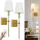 Wall light Battery Operated Wall Sconces set of 2, USB Rechargeable Wall lights with Remote Control, Dimmable Wireless Wall Lamp Indoor with White Fabric Shade, for Living Room, Bedroom, Hallway, Gold