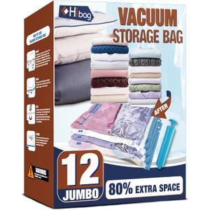 HIBAG Vacuum Storage Bags, 12 Jumbo Vacuum Seal Bags for Clothing, Space Bags for Clothes, Comforters, Blankets, Bedding (12J)