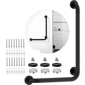 Matte Black Angled Grab Bar 16x24 Inch, iHansee Bathroom Safety Bar w/Anti-Slip Knurled Grip, Wall Mount L Shaped Shower Handle for Elderly Senior Handicap, Toilet Bathtub Balance Support Handrail