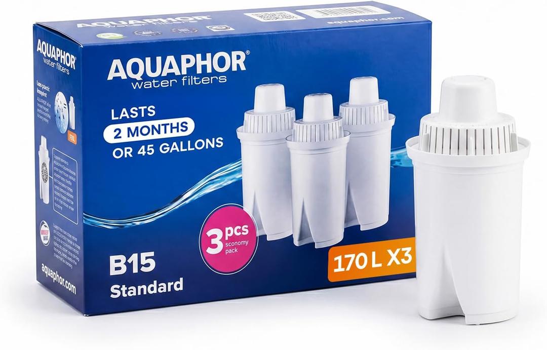 AQUAPHOR B15 Water Filter Replacement - 3 Pack | Fast Flow Water Filtration | Lasts 2 Months or 45 Gallons Per Filter | BPA-Free | Reduces Chlorine & Heavy Metals | Improved Taste & Filtered Water