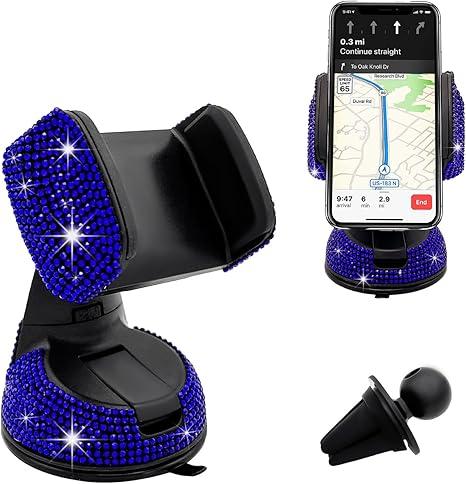 FSTURIOS Bling Cell Phone Holder, 360° Adjustable Rhinestone Car Phone Mount with Air Vent Base, Universal Shiny Crystal Phone Mount Stand for Dashboard Windhshield Air Outlet (Royal Blue)