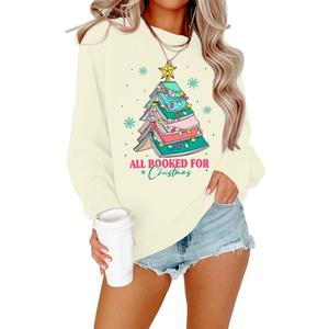 Christmas Sweatshirts for Women All Booked Christmas Sweater Funny Merry Sweatshirt Xmas Holiday Long Sleeve Pullover (Apricot)
