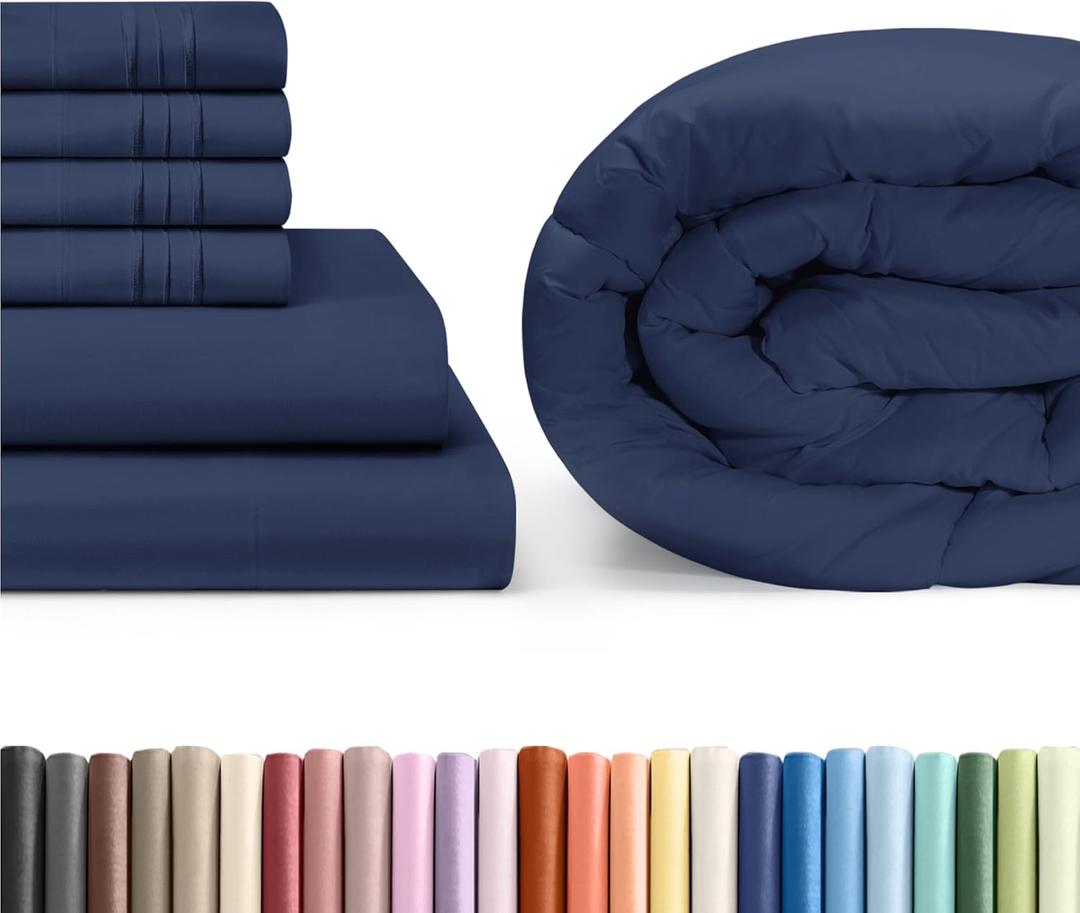 CGK Unlimited Navy Blue Sheet Set with Comforter (Full Size) - Bed Set Includes Fitted Sheet, Flat Sheet & Pillow Cases - Bedding Set - Breathable Bed Comforter Set