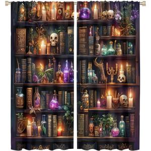 Bookshelf Skull Blackout Curtains for Bedroom Living Room, Gothic Library Candles Book Floral Thermal Insulated Room Darkening Curtain- 2 Panels 45" L x 42" W