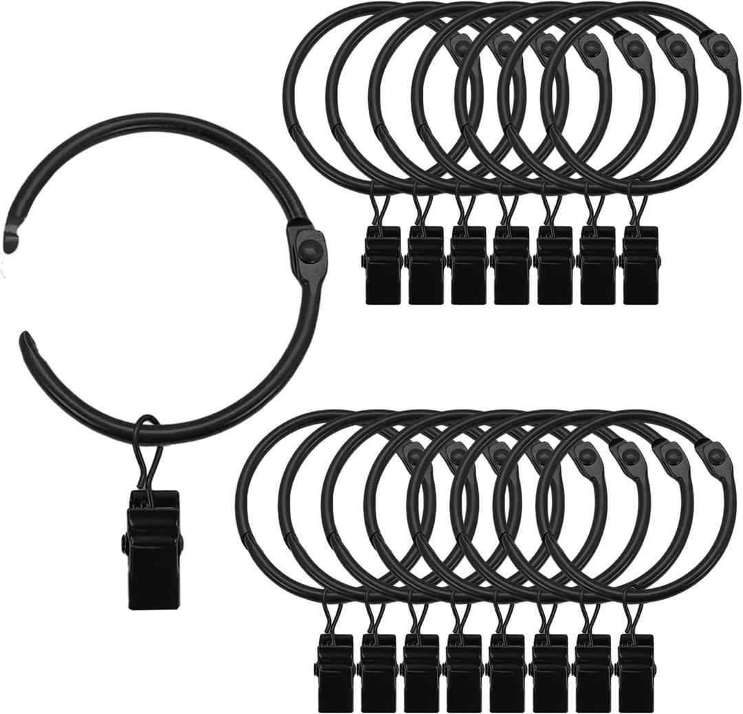 Black Curtain Rings with Clips 2 Inch, 18 Pack 2" Metal Openable Curtain Clips with Rings Window Curtain Rod Clips Hooks Hangers Rings