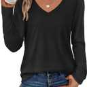 ATHMILE Womens 2025 Fall Long Sleeve Shirts Basic Apparel Shirts Trendy V Neck Tshirt for Women Curved Hem Tops (Medium, Black)