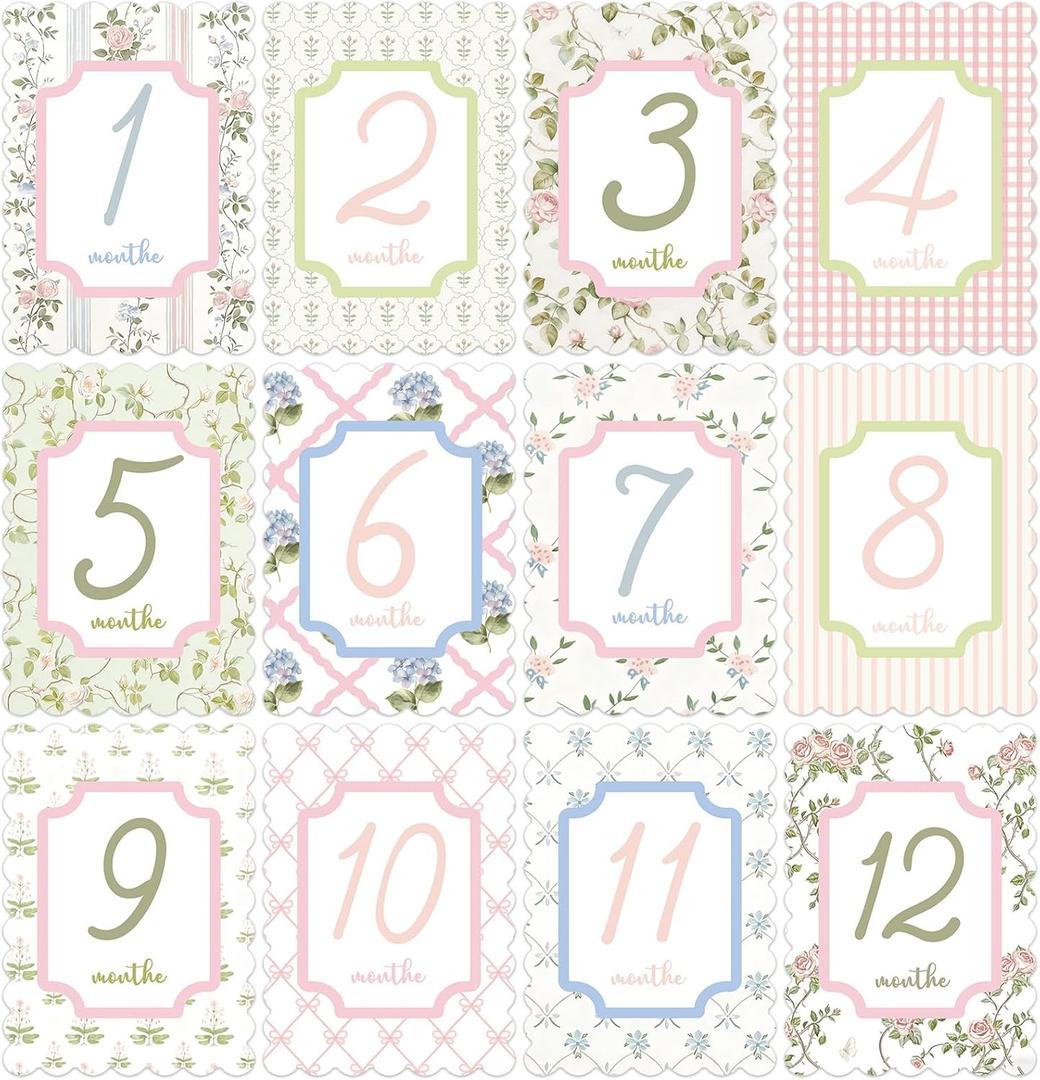 Baby Monthly Milestone Cards, 5 x 7 Inch First Holiday Cards, First Year Month Milestone Baby Shower, 12 Monthly Newborn Photo Props for Boys Girls, 12 Designs