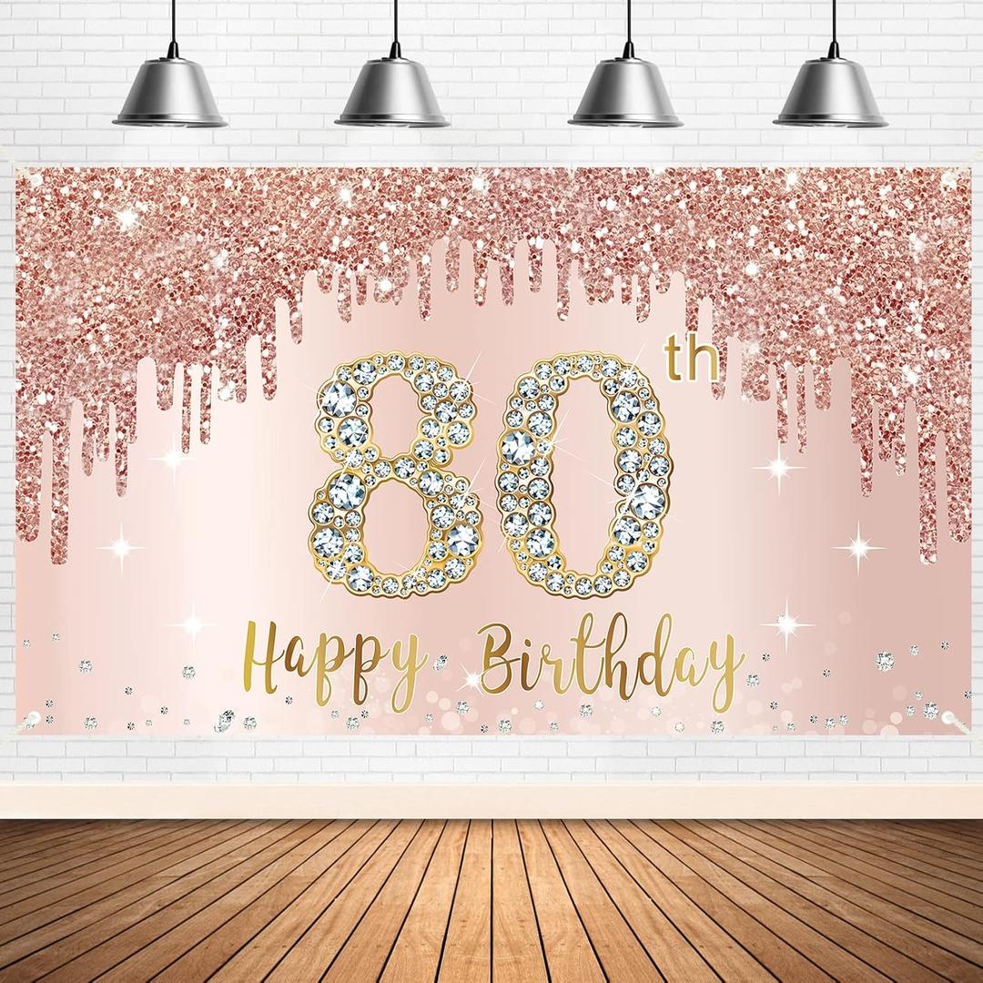 Happy 80th Birthday Banner Backdrop Decorations for Women, Rose Gold 80 Birthday Party Sign Supplies, Pink 80 Year Old Birthday Poster Background Photo Booth Props Decor