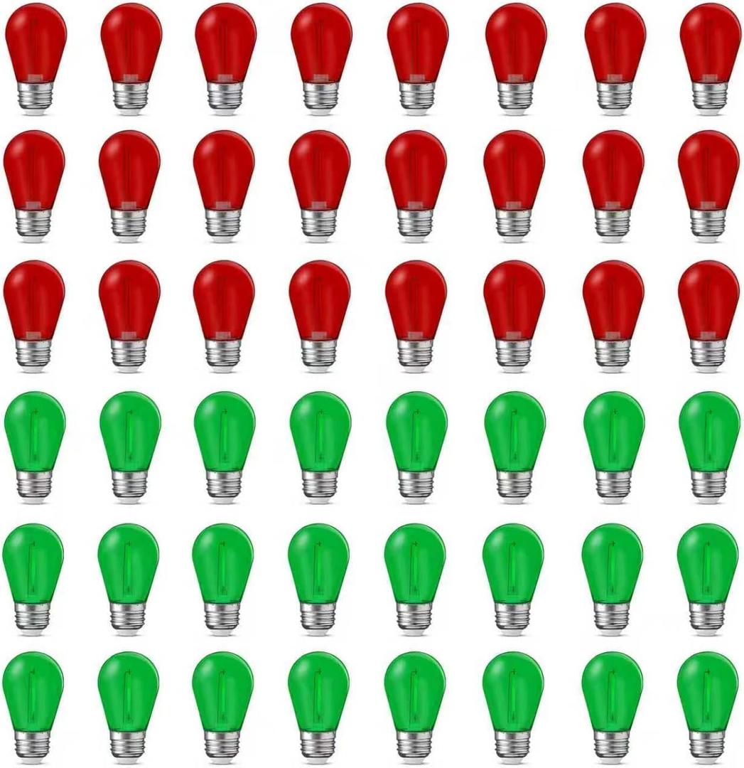 48 Pcs Christmas Colored LED String Light Bulbs Plastic Waterproof S14 Replacement Bulbs E26 Base 1 Watt LED Bulb for Indoor Outdoor String Lights Christmas Decoration(Red and Green) (Copper)