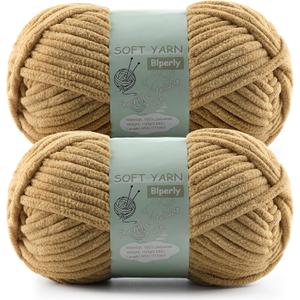 Chunky Chenille Yarn Velvet Soft Super Bulky Size 6 for Crocheting Knitting, Baby Blanket Yarn, 100g 71 Yds per Skein, Easy to Use for Scarves, Amigurumi, Crafts (2, Khaki)