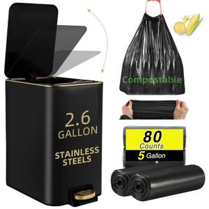 Small Bathroom Trash Can with Lid Soft Close, 10 Liter / 2.6 Gallon Stainless Steel Garbage Can with Removable Inner Bucket,80Count Compostable Trash Bags, Slim Step Pedal Trash Bins (Black and Gold 2)