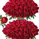 DREAMLOOM 50pcs Roses Artificial Flowers, Fake Roses Realistic with Long Stems Real Touch Silk Flowers Bouquet for Valentine's Day Wedding Anniversary DIY Floral Arrangement Gifts for Her, Red