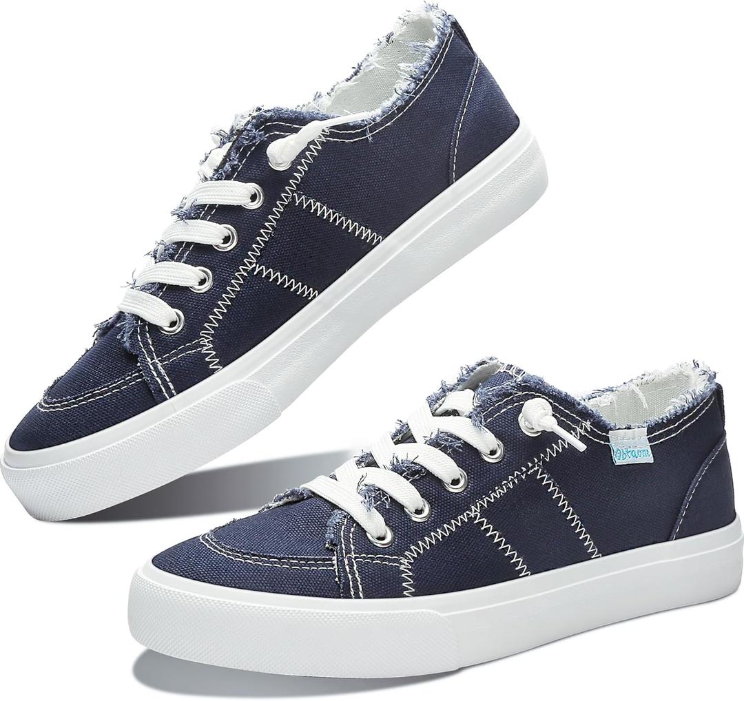 Obtaom Women's Play Fashion Sneaker White Color Washed and Leopard Canvas Slip on Shoes (Navy US 5)
