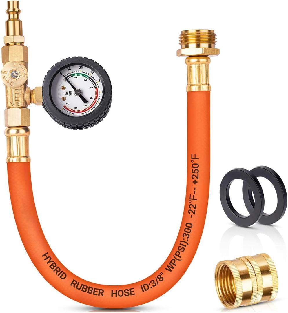 Brass RV Winterizing Kit, 17'' Sprinkler Winterization Kit with Pressure Gauge & Air Compressor Quick Plug & Shut Off Valve, Water Line Blow Out Fitting Adapter for Camper, Boat, Travel Trailer
