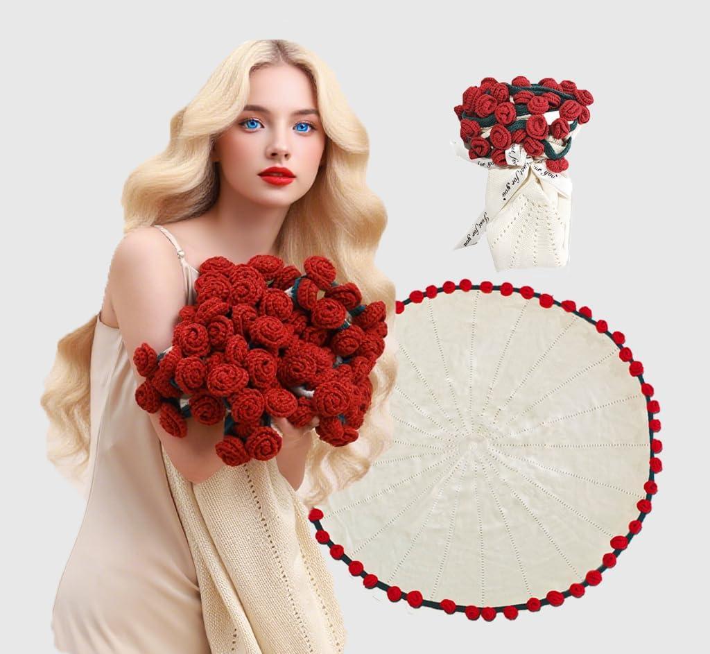 Crochet Flower Bouquet Blanket Rose Blankets Teacher Mom Graduation Birthday Gifts for Women Flower Bouquet rocheted Roses Blankets Throw Blanket Valentine's Day Gifts 43 Inches