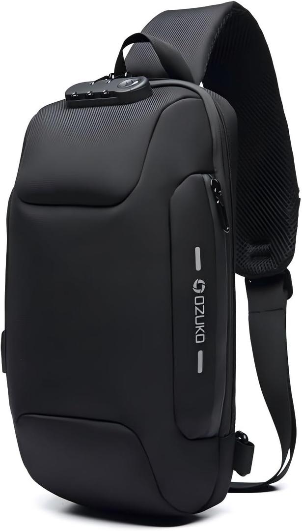 OZUKO Men Sling Backpack - Anti-Theft Crossbody Bag with USB Charging Port, Waterproof Lightweight Travel Hiking Commute Bag(Black)