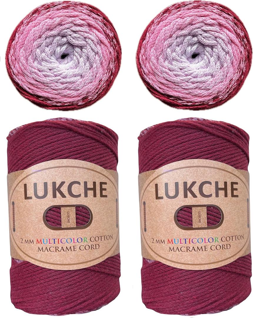 Lukche 2mm Multicolor Cotton Macrame Cord 2x246 Yards (2x225 Mt) Premium Cotton Rope, Rainbow Yarn Crochet Macrame Bag Craft for Wall Hangers, Bags, Bottom Plates, Carpets (8011, 2 Skein)
