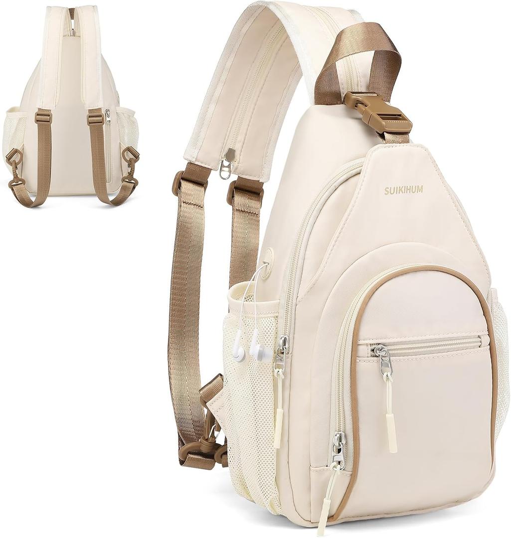 Crossbody Sling Bag with Water Bottle Holder, 8.3" Convertible Small Backpack Anti Theft Daypack, Chest Fanny Pack for Men Women, Beige