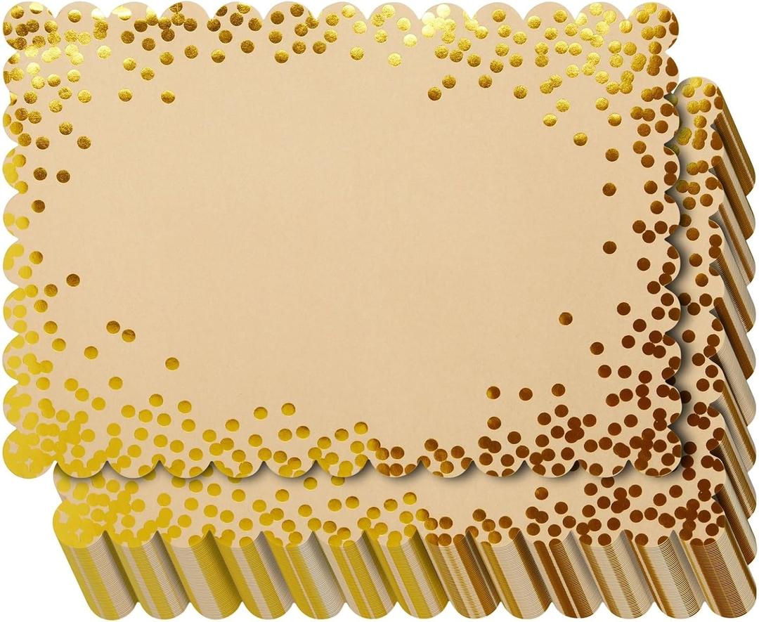 Blue Panda Rectangular Disposable Gold Paper Placemats - Scalloped Edge & Gold Foil Polka Dots - Bulk 50 Count for Parties & Disposable Place Mats - 10 x 14 in - 50 Count