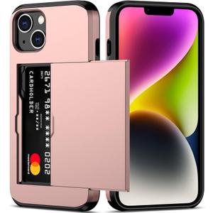 Nvollnoe for iPhone 14 Plus Case with Card Holder Heavy Duty Protective Dual Layer Shockproof Hidden Card Slot Slim Wallet Cover for iPhone 14 Plus for Women&Men(Rose Gold)