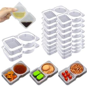 2 x 16Pcs Double Compartment Snack Containers, Reusable with Lid, 2 Compartment Lunch Box, Travel Size Condiments, Sauce Containers
