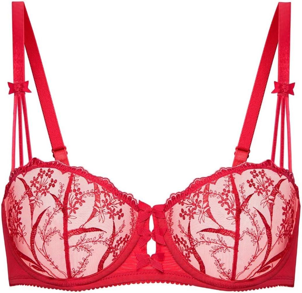 Deyllo Womens Balconette Lace Bra Underwire Unlined Sheer Lace See Through Non Padded (34B, Red)
