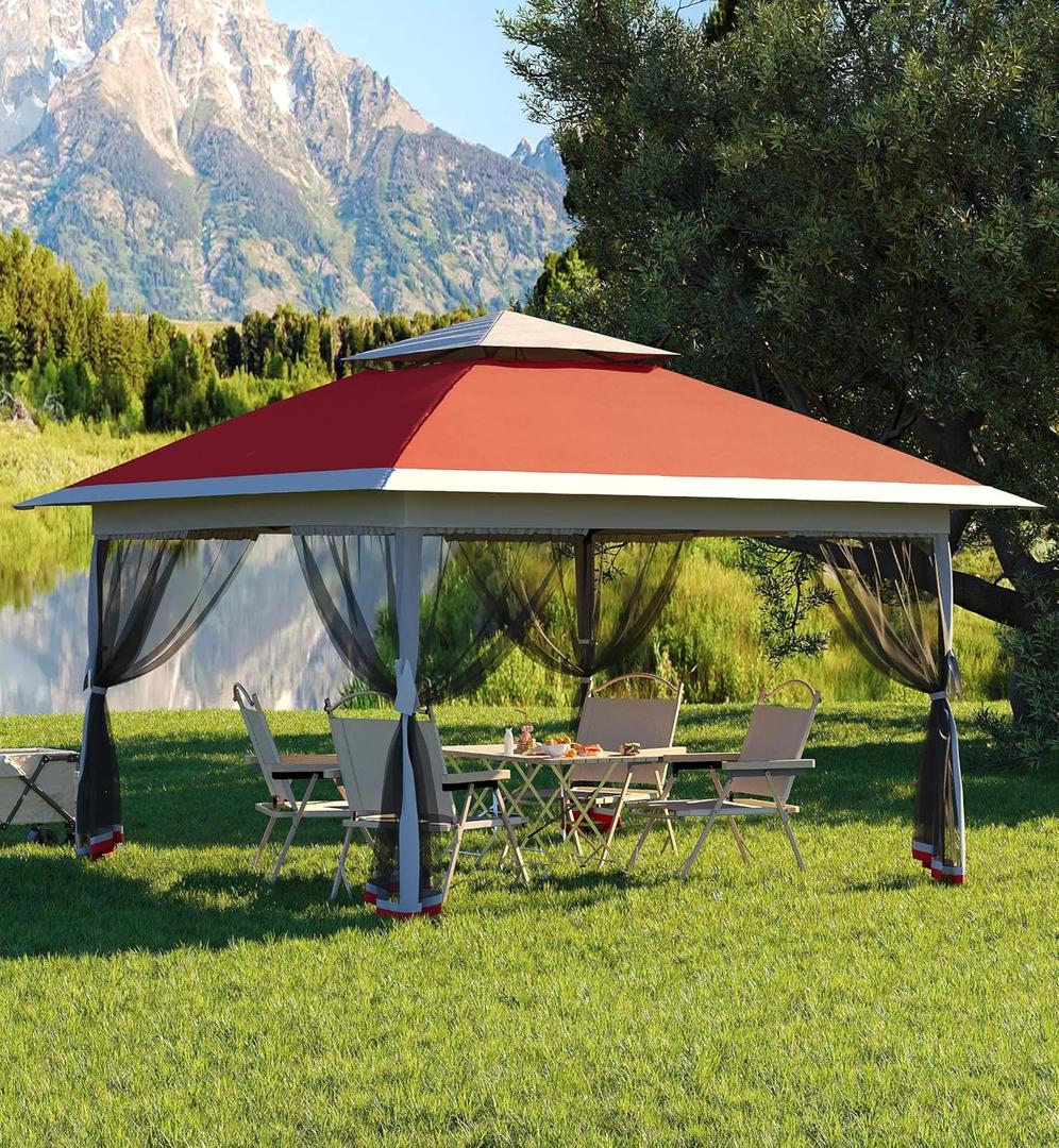 13 X 13FT Pop Up Gazebo, Canopy Tent, Gazebos on Clearance,Patio Folding Canopy with Mosquito Netting - Backyard Tent for Party, Wedding, Outdoor Dining, Patio, Backyard (Red+Light Grey)