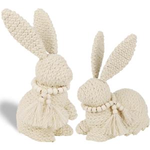 DR.DUDU 2 Pack Easter Bunny Figurines Decor, Rabbit Figurine Table Decorations, Spring Bunnies Decoration Cotton Woven Statue for Home Indoor Centerpieces Fireplace Farmhouse Gifts (Beige)