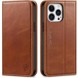 SHIELDON Case for iPhone 13 Pro Max 5G, Genuine Leather Folio Wallet Magnetic Shock Absorbing Case RFID Blocking Credit Card Holder Kickstand Compatible with iPhone 13 Pro Max 6.7" - Retro Brown