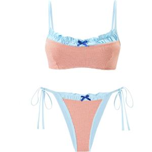 ZAFUL Bikini Sets for Women Plaid Ruffles Trim Swimsuit Sexy Tie Back Bowknot Triangle High Cut Tie Side Thong Bathing Suit (M)