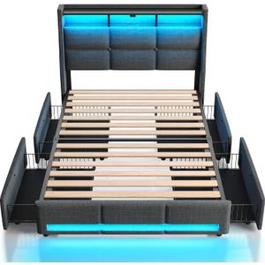 Rolanstar Twin Size Bed Frame with LED Lights and Charging Station, Upholstered Bed Storage Headboard & Drawers, Heavy Duty Wood Slats, Easy Assembly