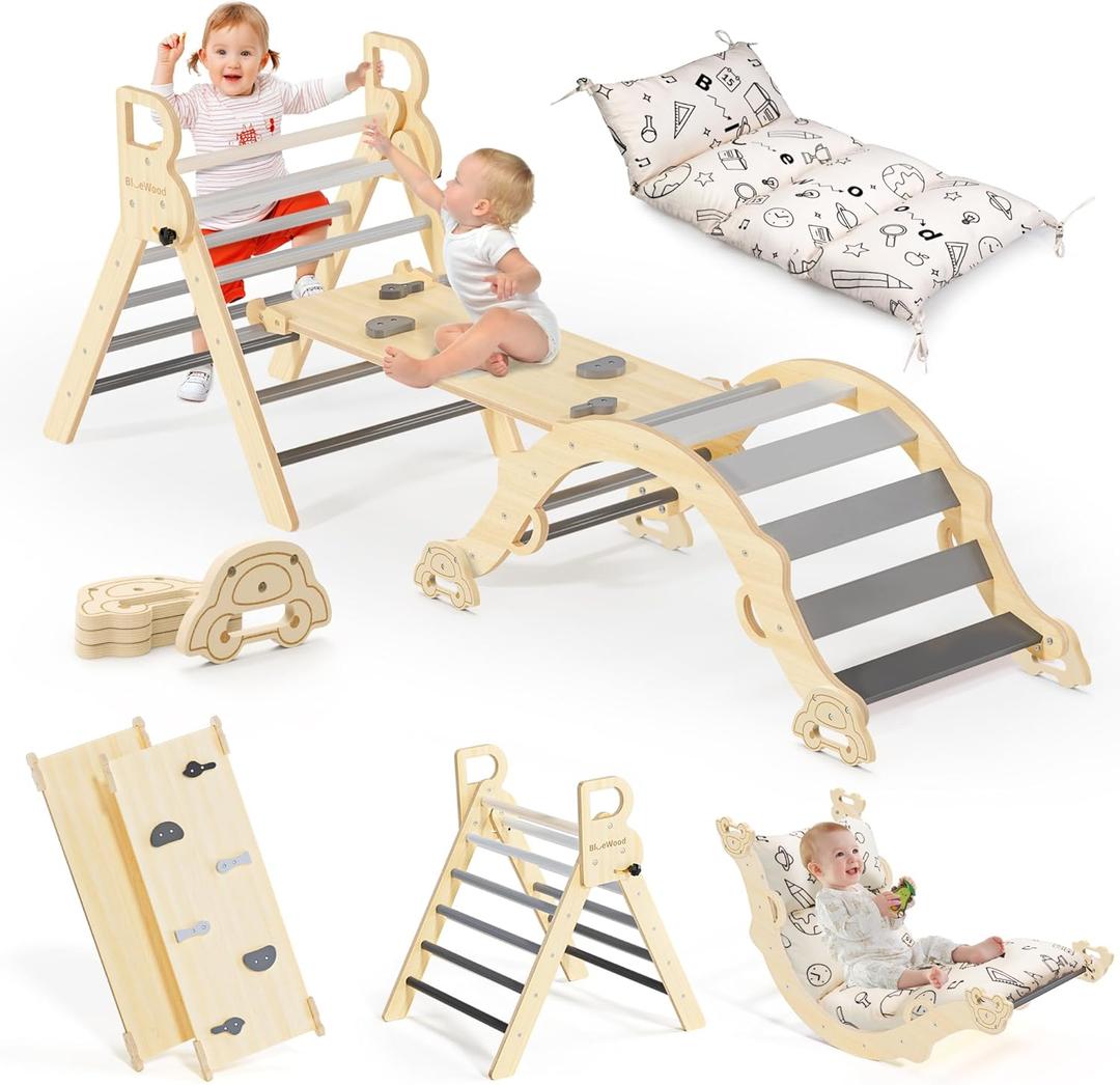 BlueWood Pikler Triangle Set with Cushion, 8-in-1 Climbing Toys for Toddlers, Montessori Philosophy Play Jungle Gym with Arch, Ramp, Ladder(Elegant Gray)