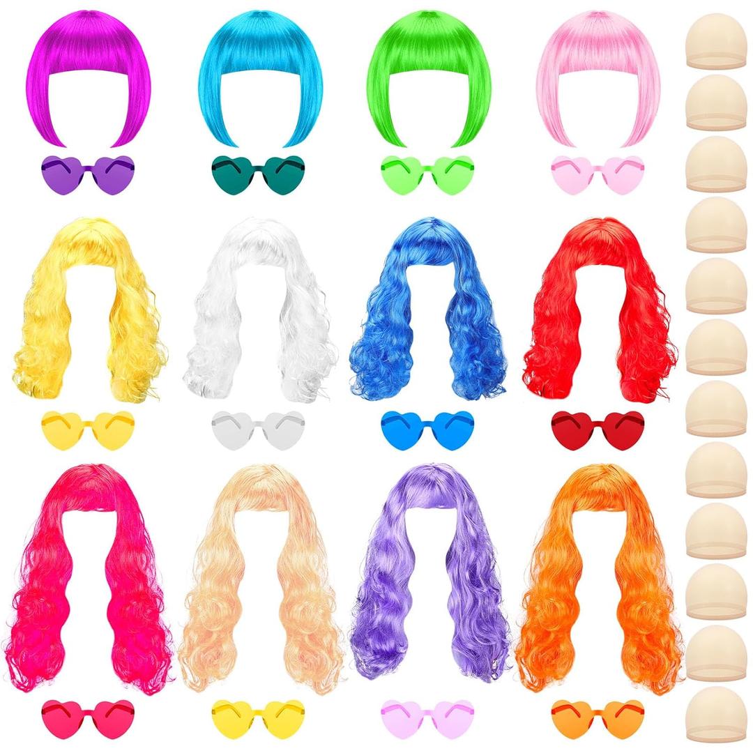 36 Pcs Colored Wig Set with 12 Pcs Wig Caps and Heart Shape Sunglasses, Long Curly Wigs to Short Bob Hair Wigs for Bachelorette Parties