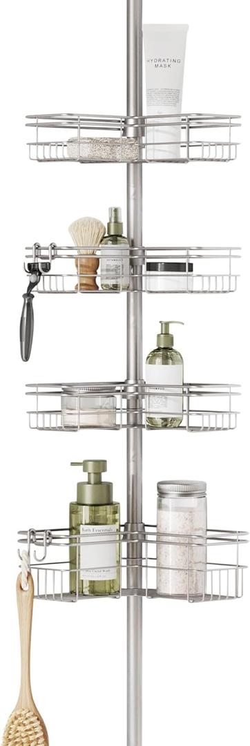 Zenna Home Tension Pole Shower Caddy Corner Organizer, Adjustable Standing Shower Caddy with 4 L-shaped Baskets and Hooks, Rust Resistant Bathroom Tension Rod Organizer, 60 to 97 Inch, Satin Nickel