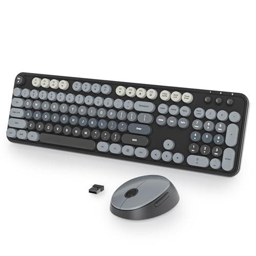 Vumilstek Black Keyboard and Mouse Combo Wireless, 2.4G Full Size 104-Key Retro Typewriter Keyboards Round Keys for Students Teenagers Home Office PC Laptop (Black/Gray)