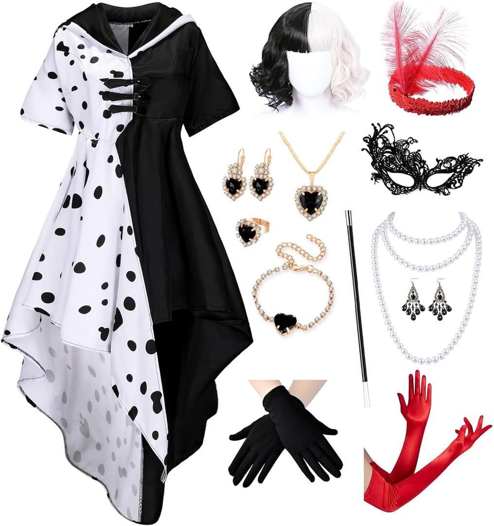 13Pcs/9Pcs Women's Dalmatian Black and White Costume Dress with Wig Gloves Accessories Party Outfit (X-Large)